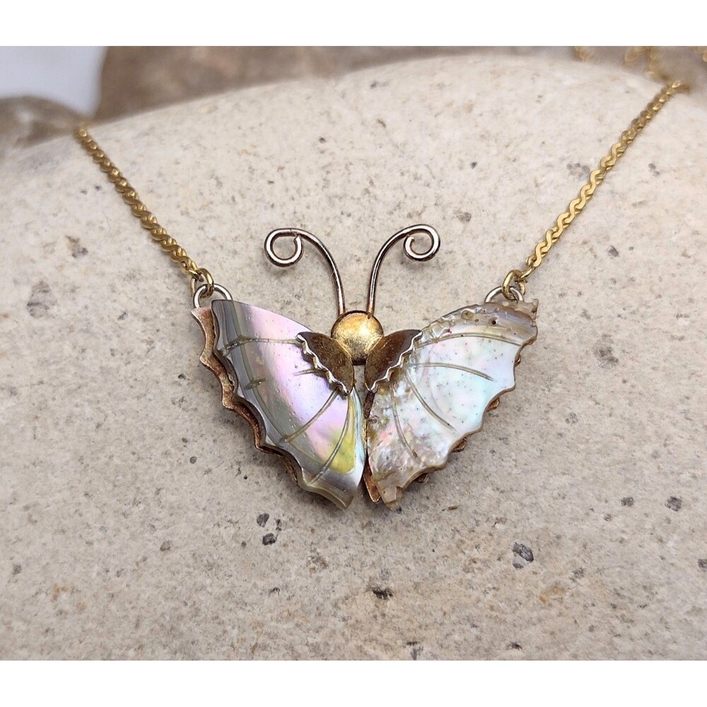 Vintage Butterfly Necklace Abalone Shell - Picture 9 of 11
